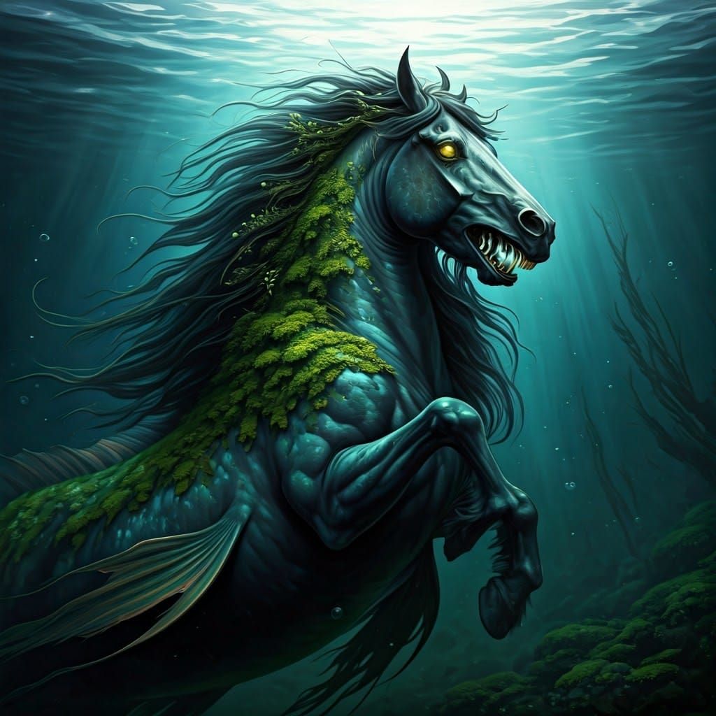 Nightmarish Underwater Kelpie in Fantasy Art Style