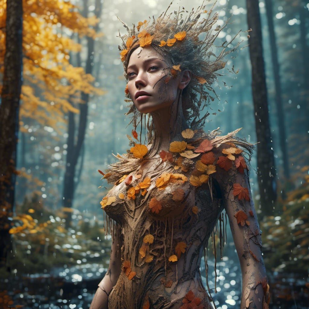 Humanoid Woman in Scandinavian Forest: Rice Paper Art
