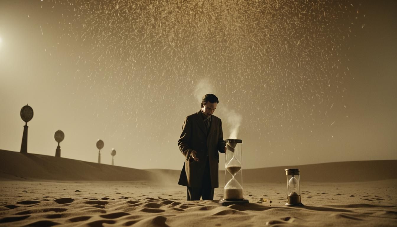 Man Watches Time, a Surrealist Image in Soft Light