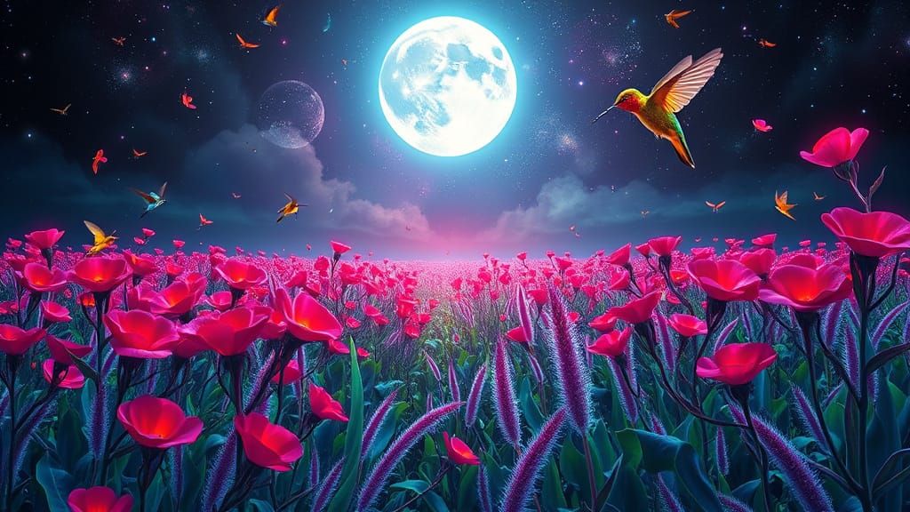 Ethereal Valley of Vibrant Flowers and Hummingbirds in Cosmi...