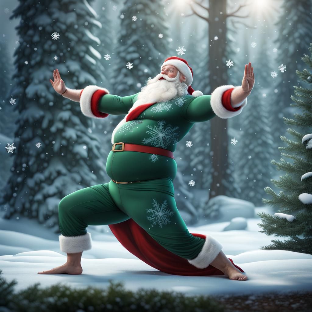 Santa Claus Practices Yoga in Winter Forest, Digital Art
