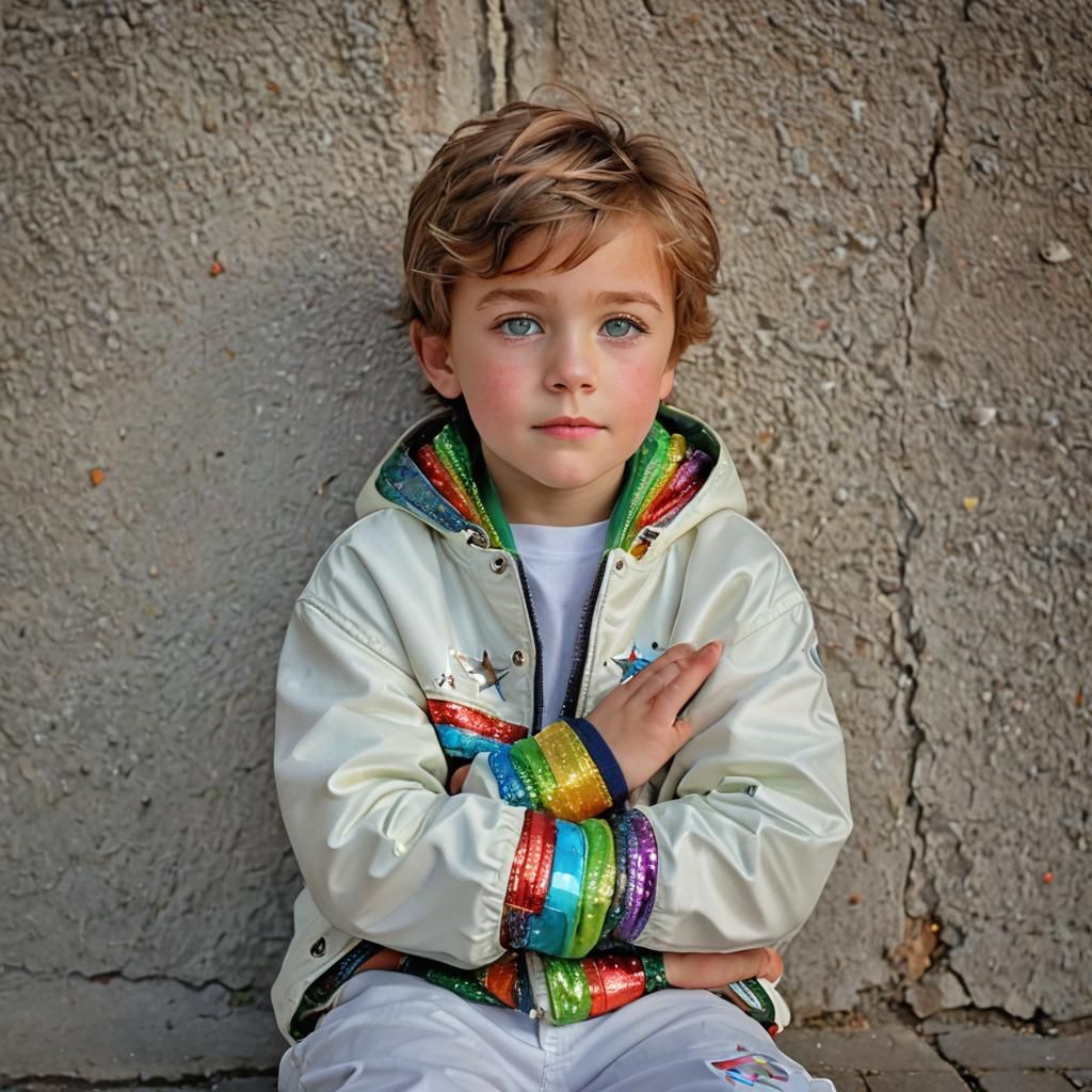 Beautiful Boy with Rainbow Hair, Hyperrealistic Close-Up