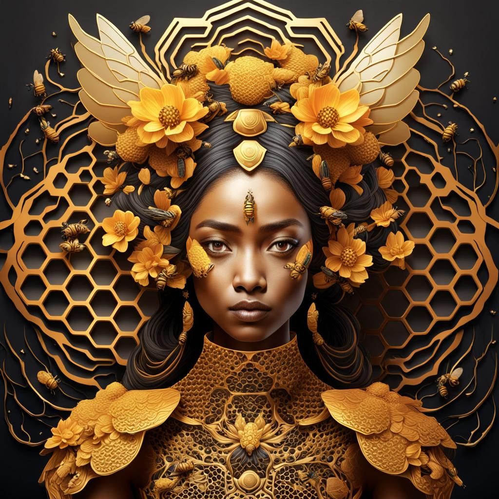 Queen Bee Portrait with Flower Crown and Metallic Bees