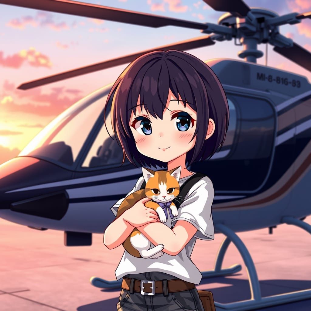 Confident Anime Girl with Cat near MI-8 Helicopter in Studio...