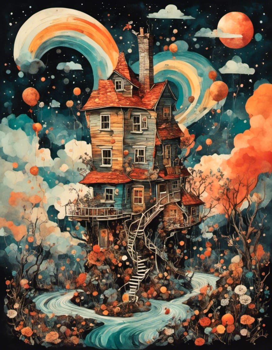 Quirky House in Magical Landscape Collage