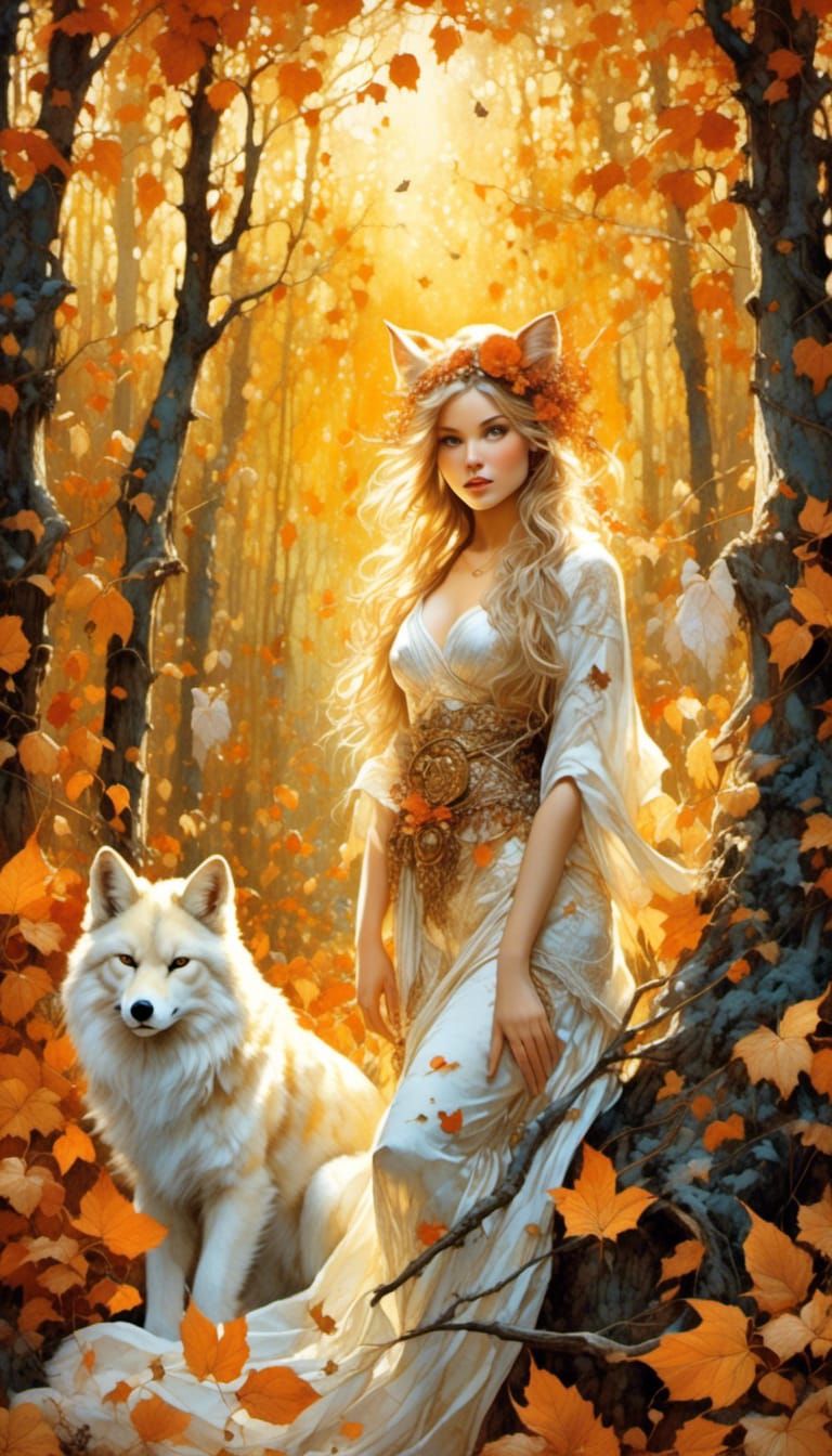 Kitsune Girl in Forest: Hyperdetailed Digital Painting