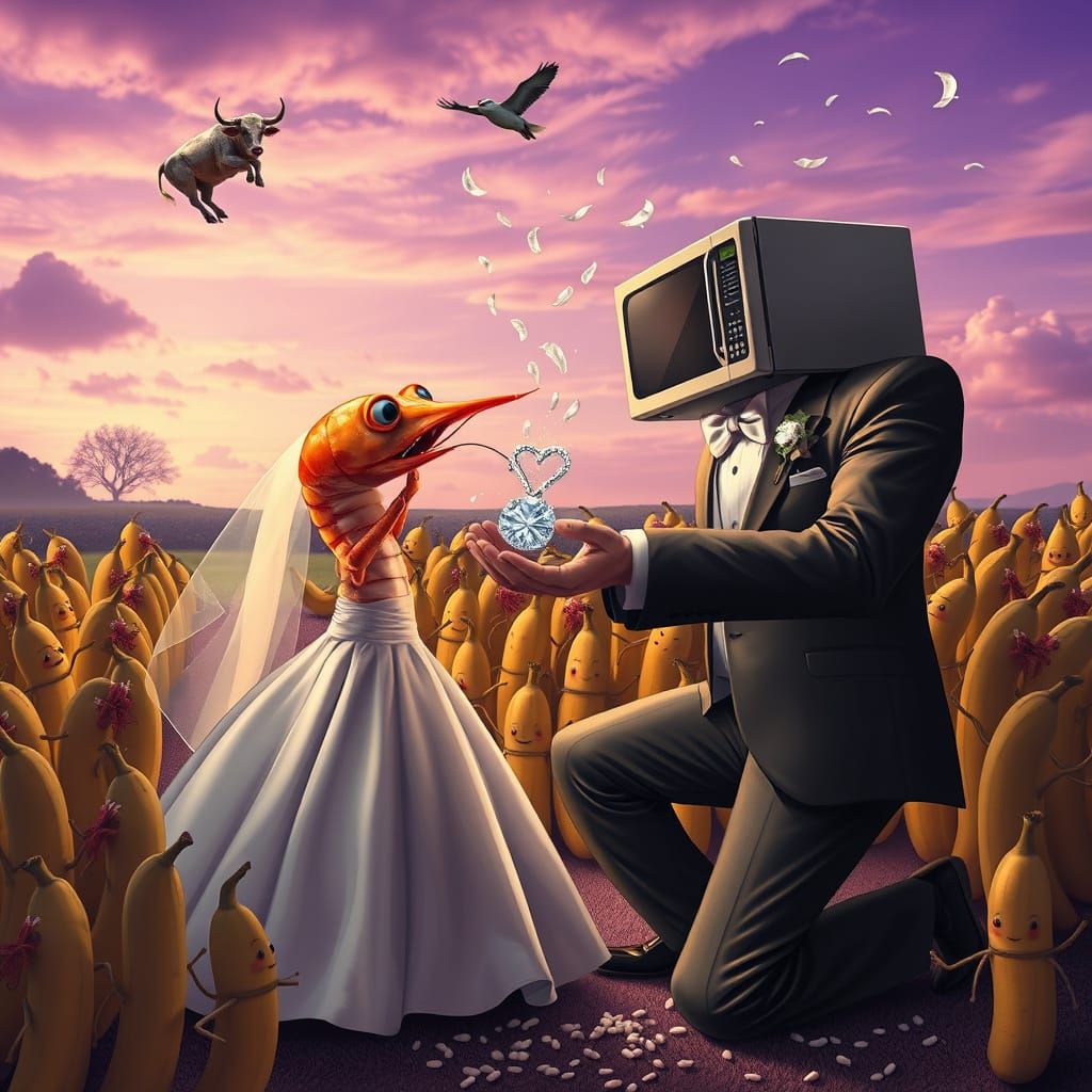 Shrimp Proposes to Microwave in Surreal Wedding