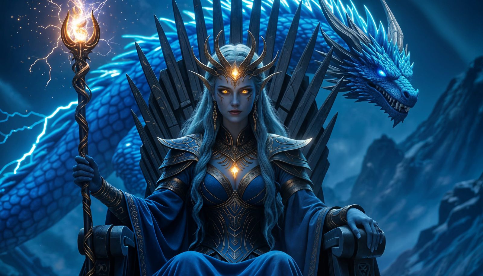 Ancient Goddess on Starlight Throne with Cosmic Dragon