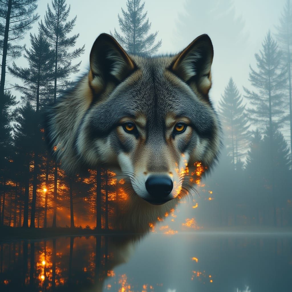 Wolf and Forest Double Exposure Fine Art Photograph