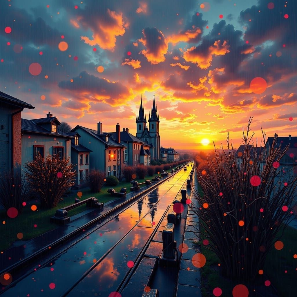 Ethereal Prague Sunset in Rainy Chaos