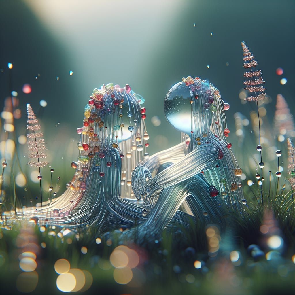 whimsical in the Meadow after a rain sitting 2 translucent clear thin glass figures with sticky hair, dressed in tiny ri...