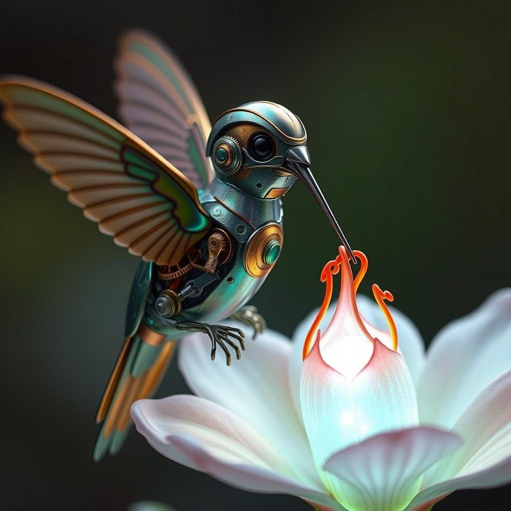Steampunk Hummingbird Sips Bioluminescent Nectar
