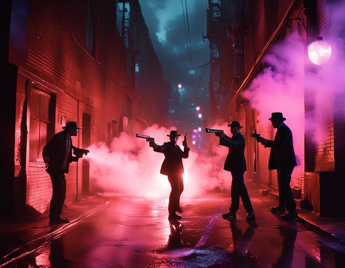 1920s Gangsters Firing Ray-Guns in Noir Style