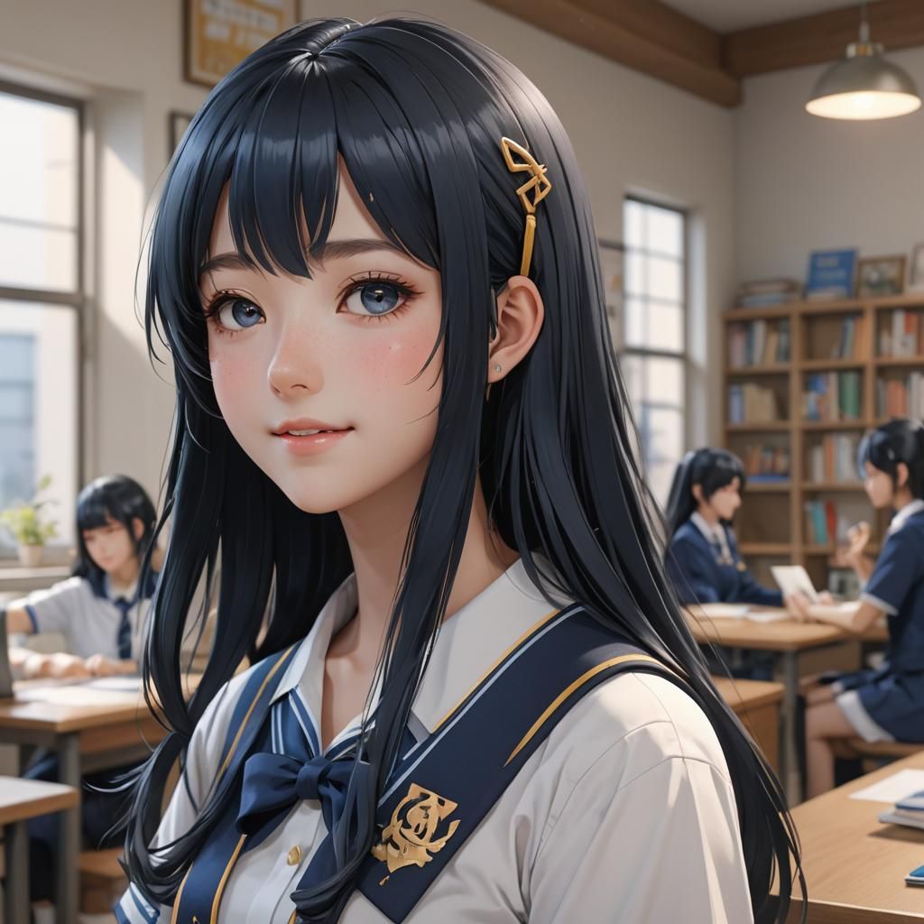 Blue-Skinned Anime Girl in School Uniform - 3D Rendering