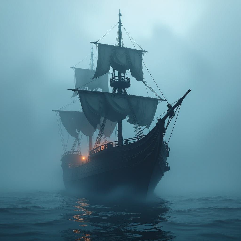 Ethereal Ghost Ship Sailing Through Sea Mist