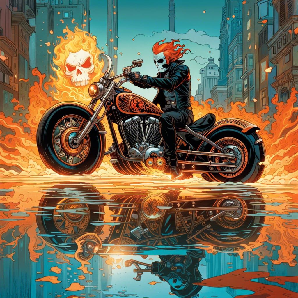 Hyperrealistic Ghost Rider Reflection, Digital Art