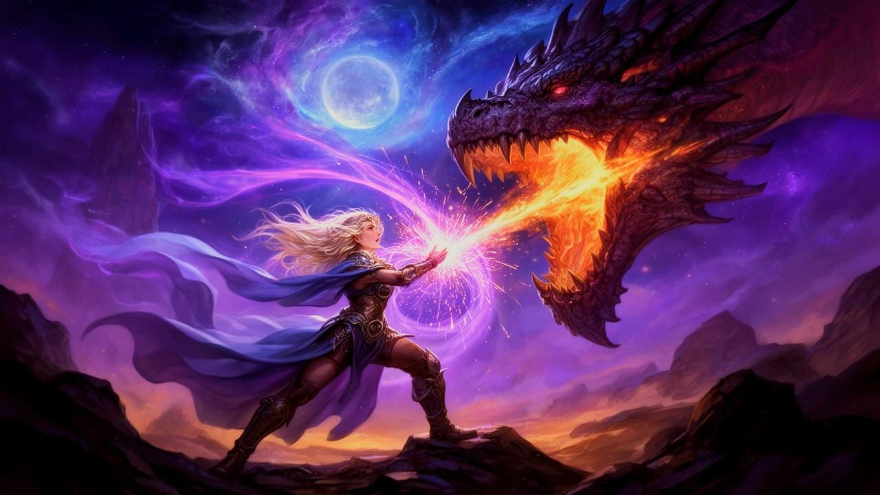Sorceress Battles Dragon God in Dramatic Cinematic Fight