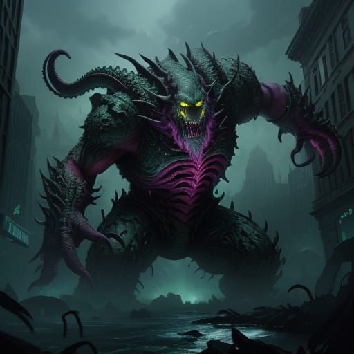 Giant Green Slime Monster Rampages Through City in Dark Fant...