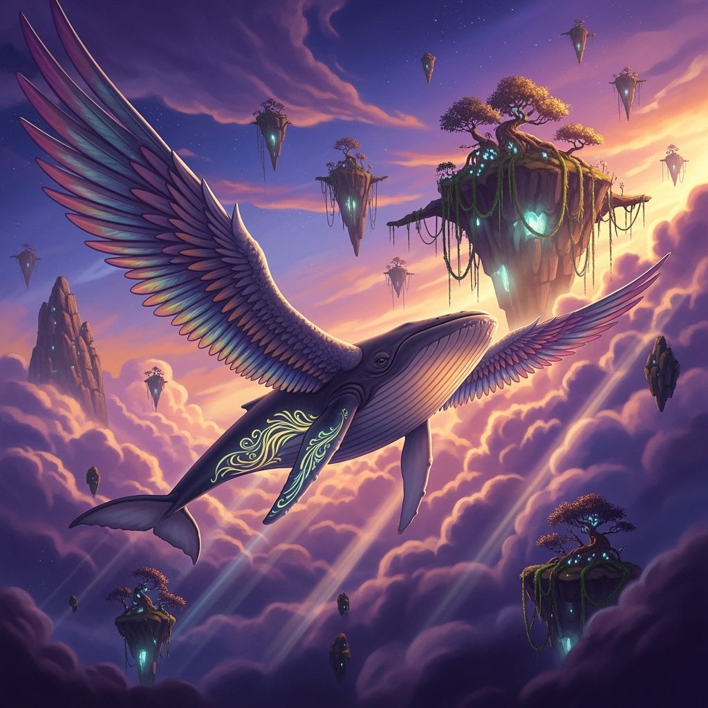 Feathered Whale Soaring Through Fantasy Sky