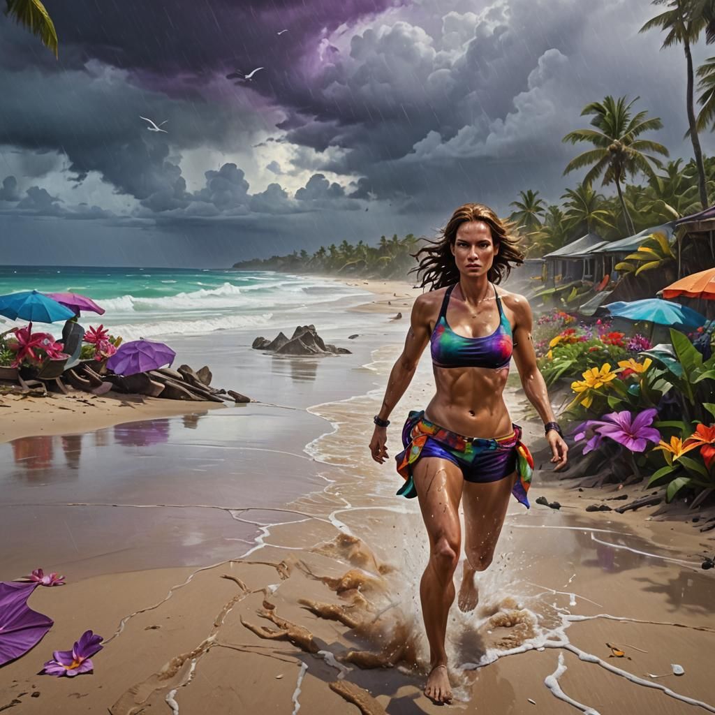 Lara Croft Running on Stormy Beach, Oil Painting