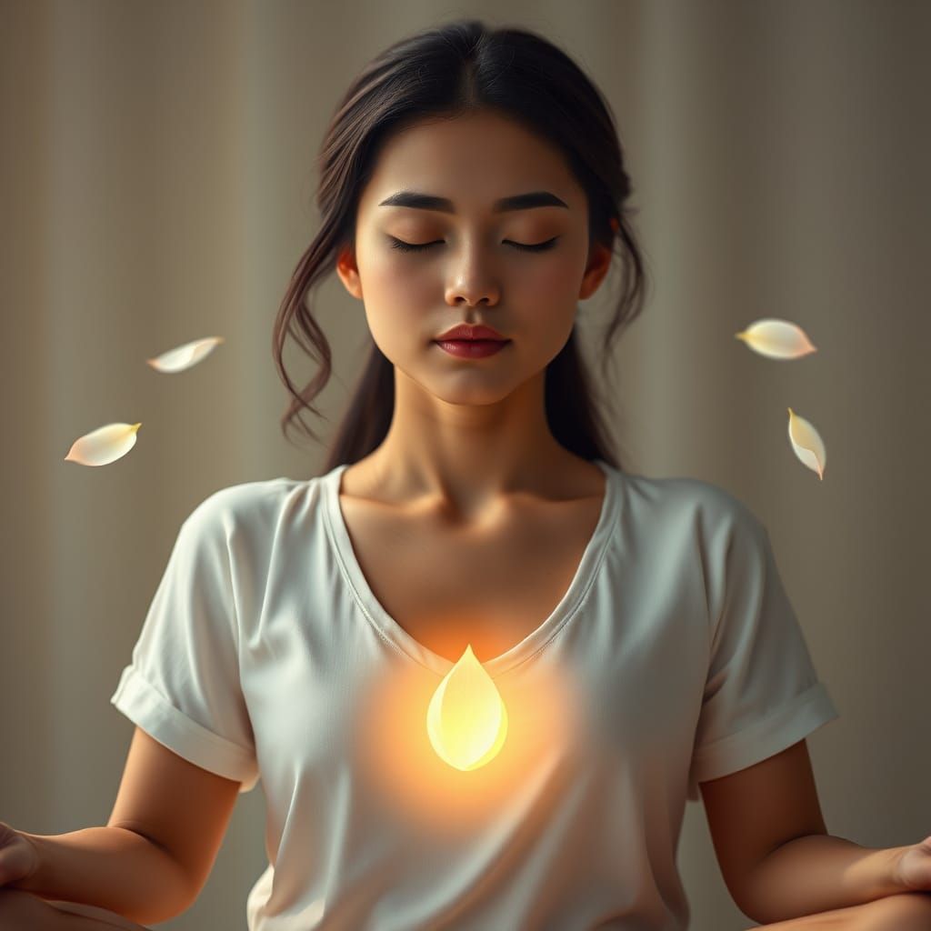 Meditating Woman Radiates Ethereal Light and Petals