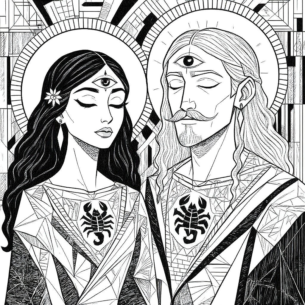 Meditative Figures in Simple Cubist Line Art