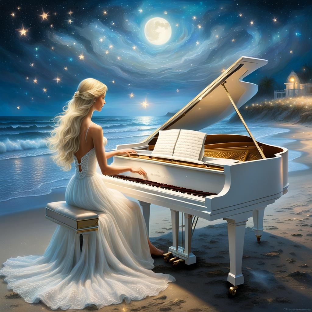 Girl Plays Piano on Beach Under Starry Sky