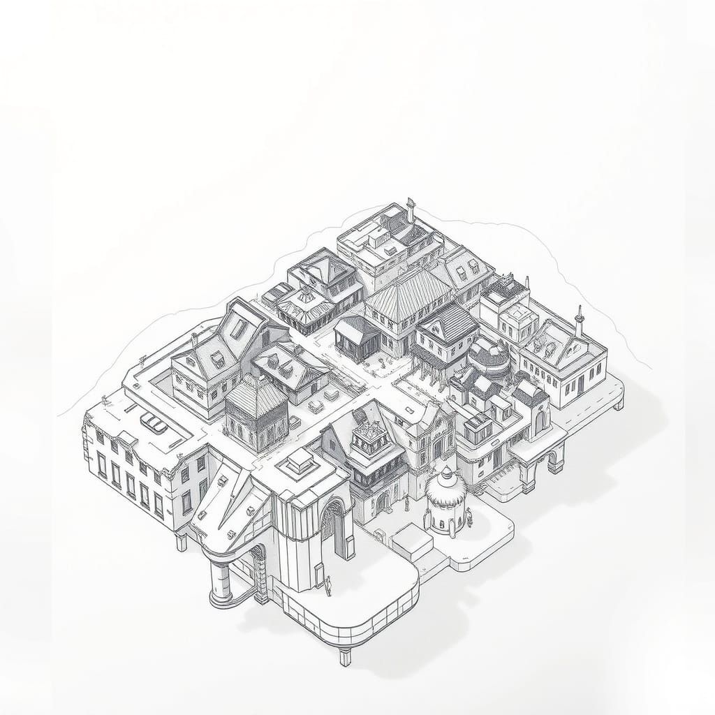 Exploded Axonometric View of Small Town, Manga Sketch
