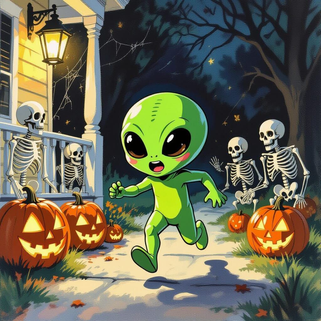 Alien Flees Spooky Halloween Decorations in Gouache Style
