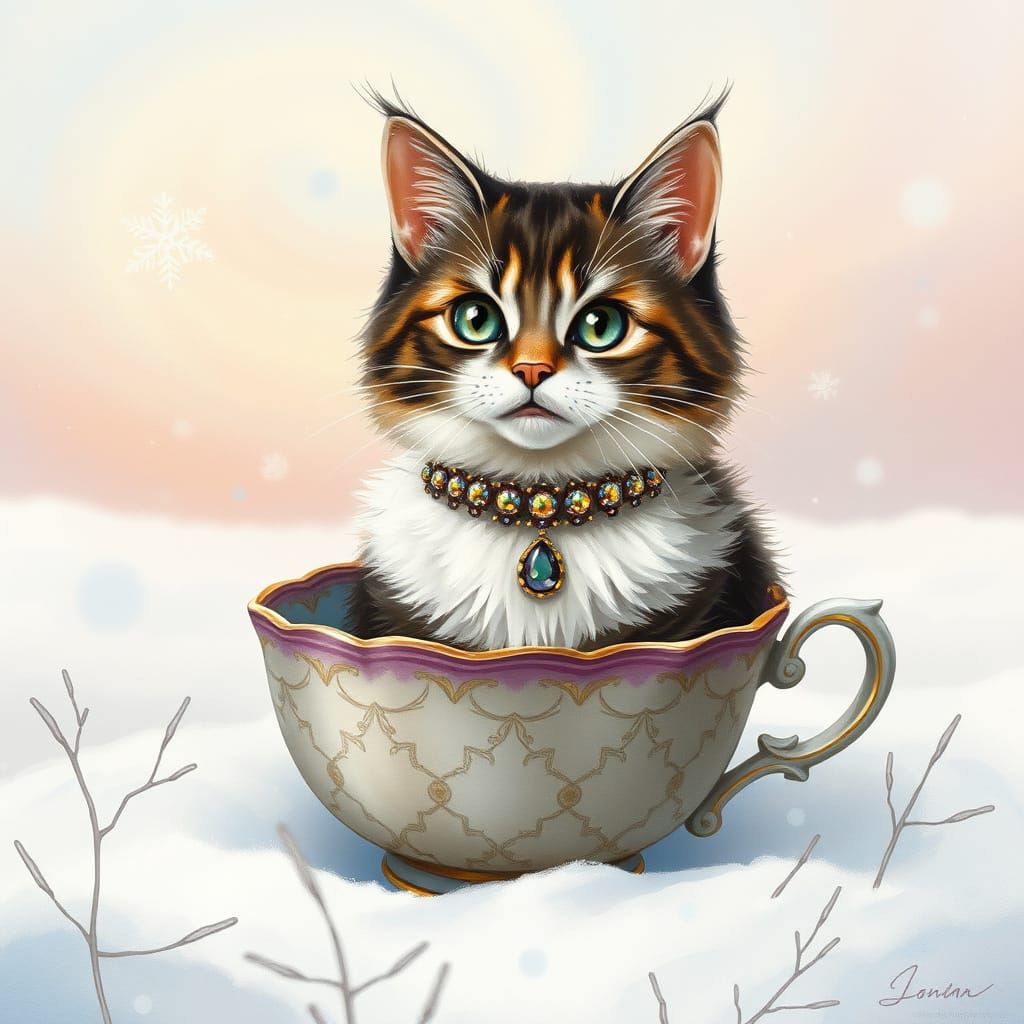Calico Cat in Teacup: Whimsical Watercolor Art