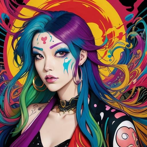 Surreal Anime Harpist Under Blood Moon