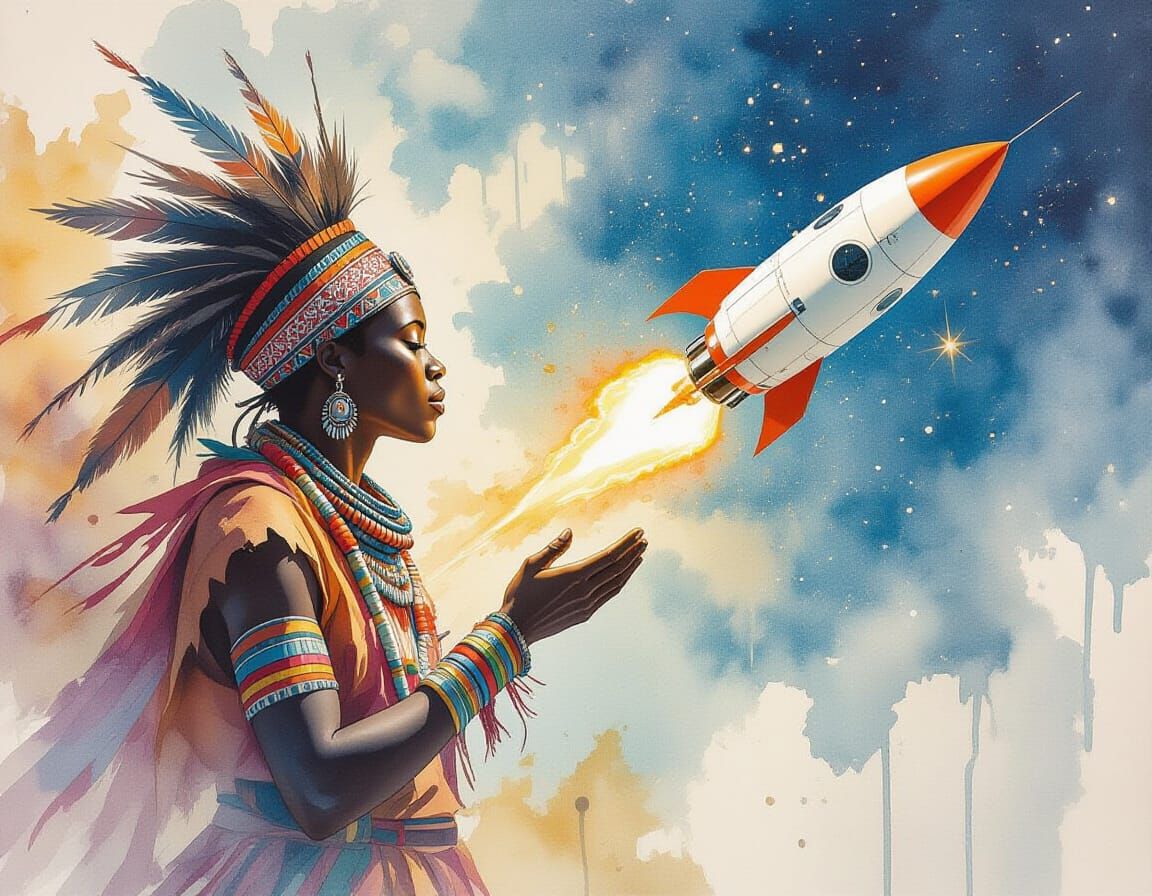 African Tribe Launches Rocket in Watercolor Style