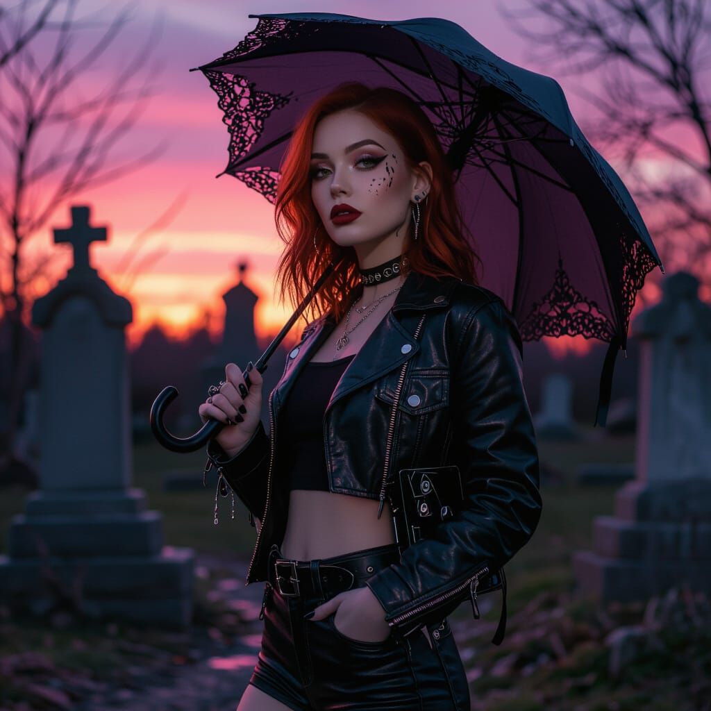 Gothic Girl with Auburn Hair in Creepy Cemetery at Sunset