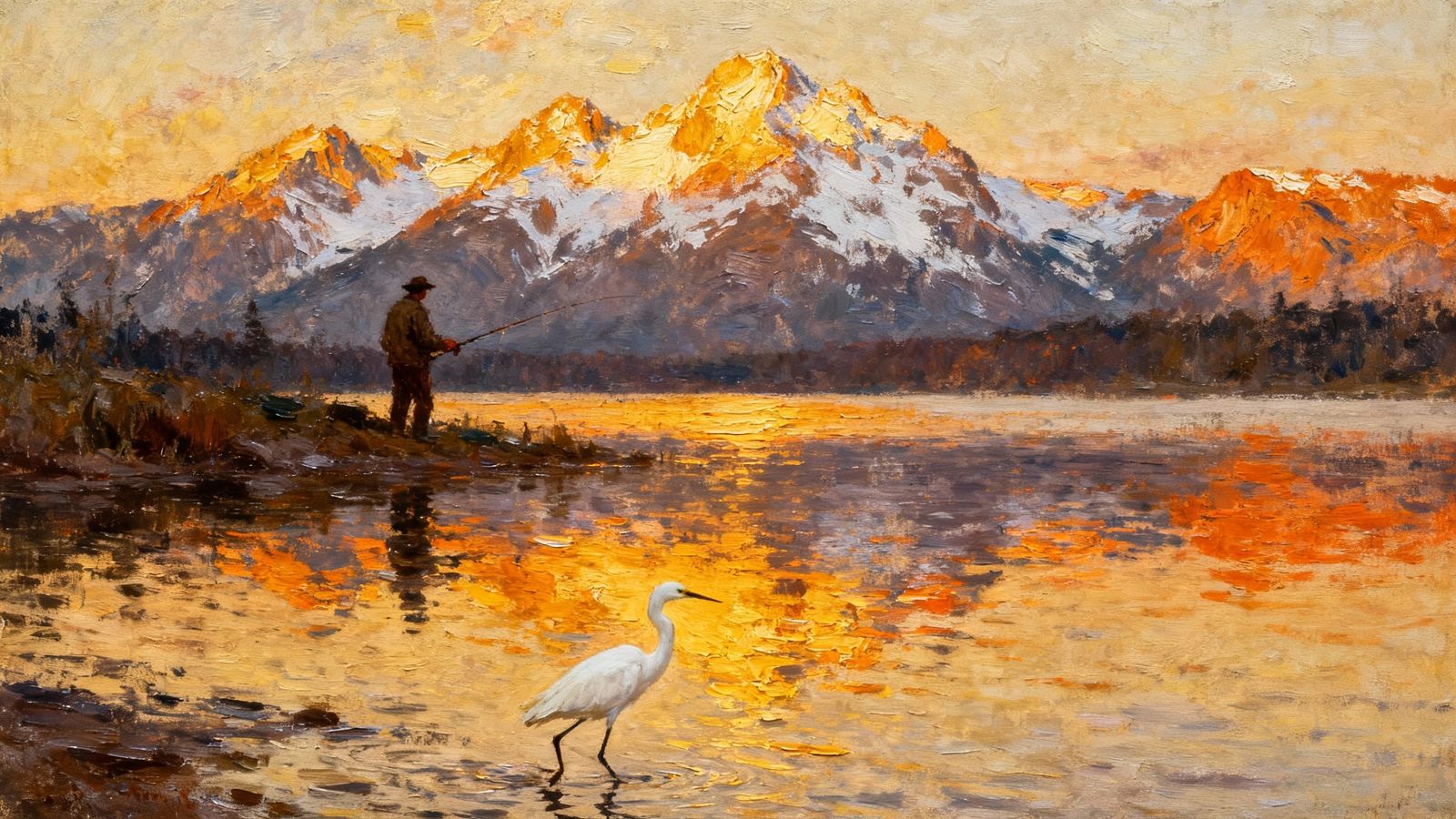 Man Fishing at Dawn in Mountain Lake Oil Painting
