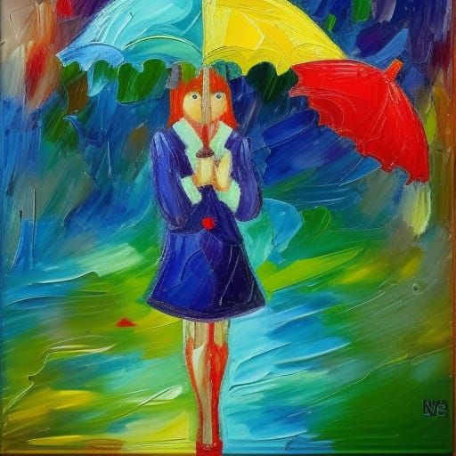 Girl with Umbrella in Rainy Expressionist Style