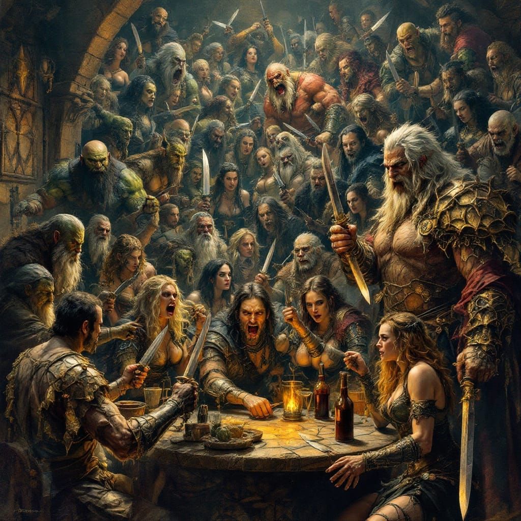 Fantasy Tavern Scene with Diverse Characters