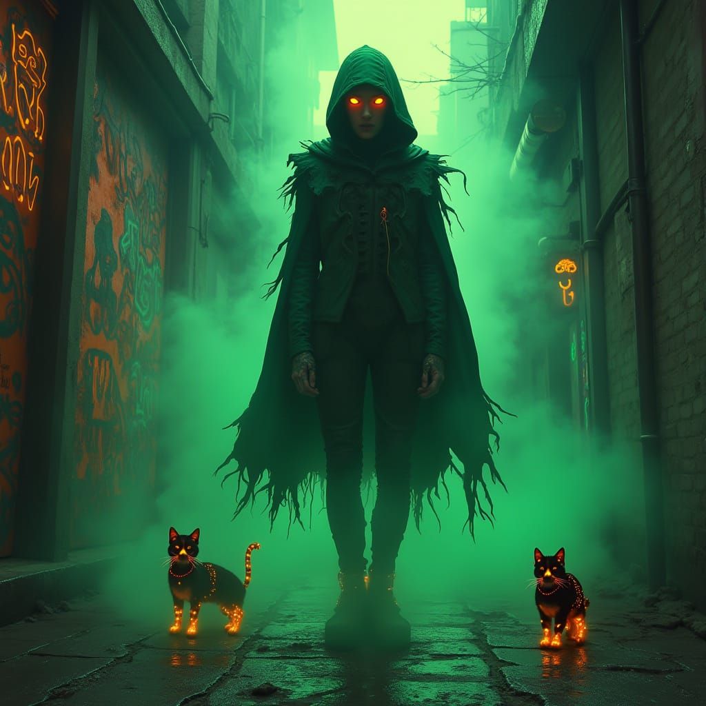 Cyberpunk Shrine: Mysterious Figure in Neon Haze