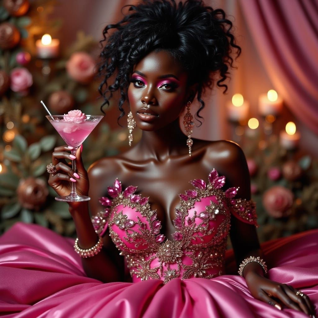 Elegant Black Woman in Pink Evening Gown with Martini