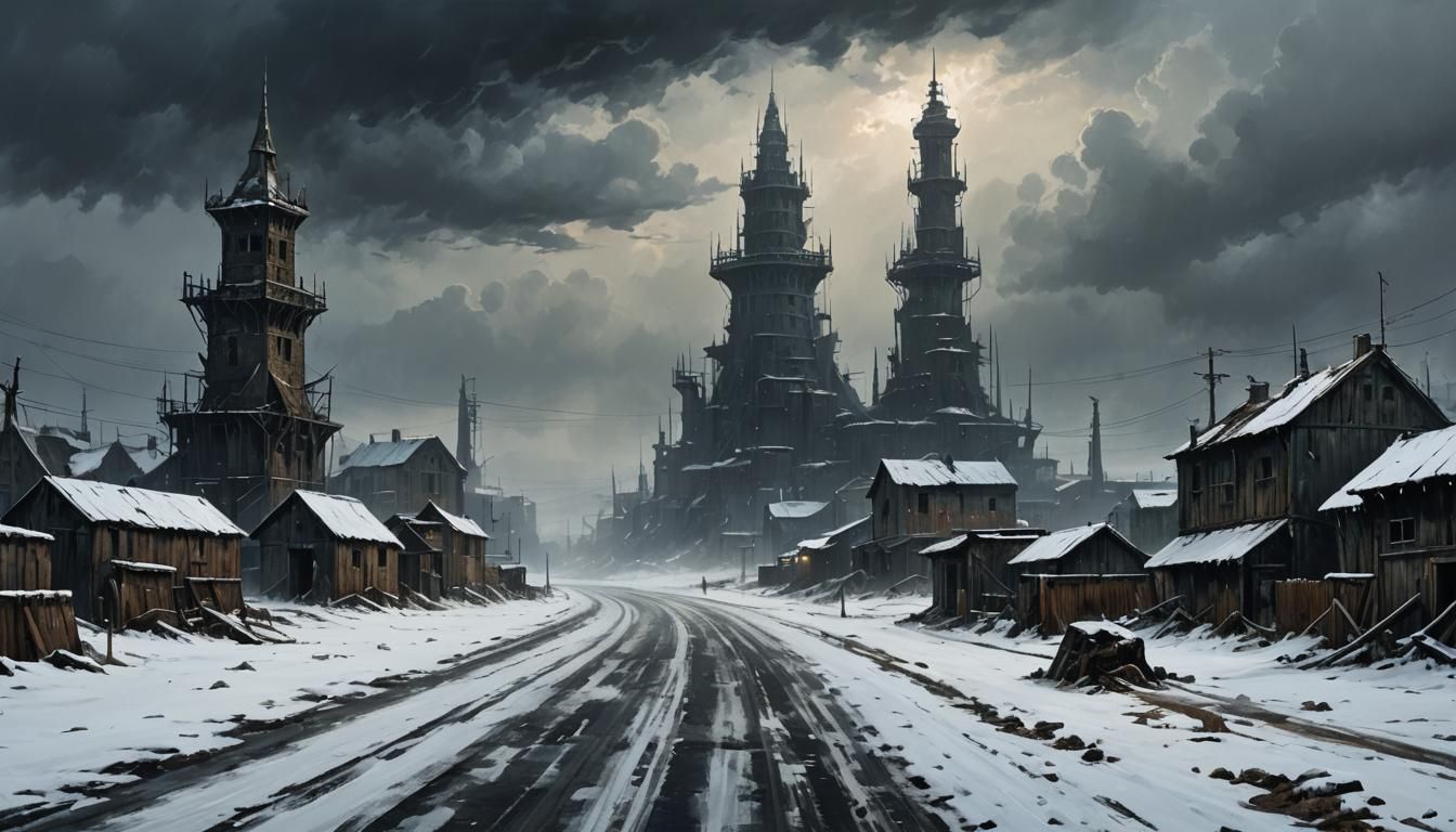 Grimdark Apocalypse Landscape in Distressed Oil Wash Style