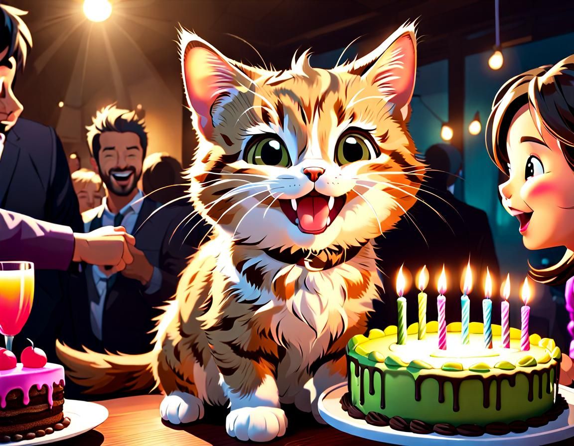Happy Birthday Kitten in Comic Art Style