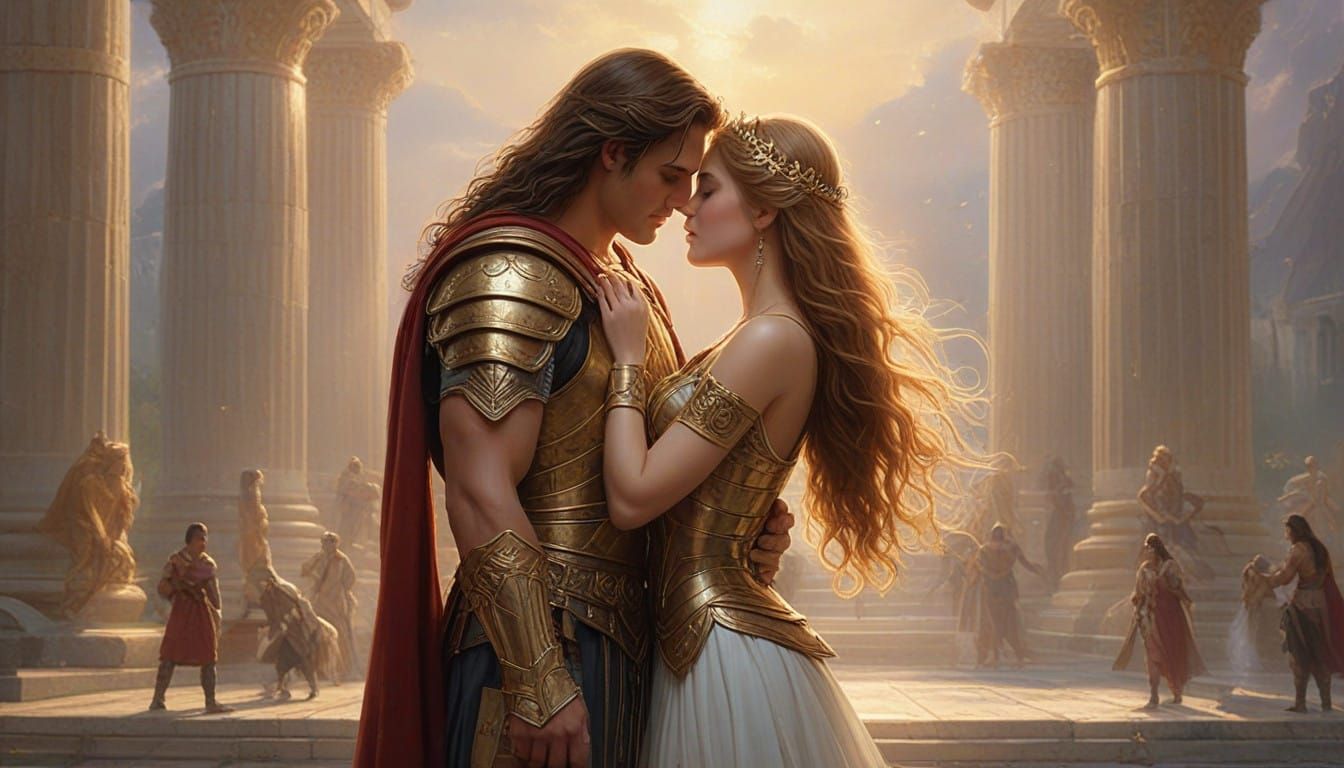 Greek Gods' Elysian Kiss in a Mystical Temple
