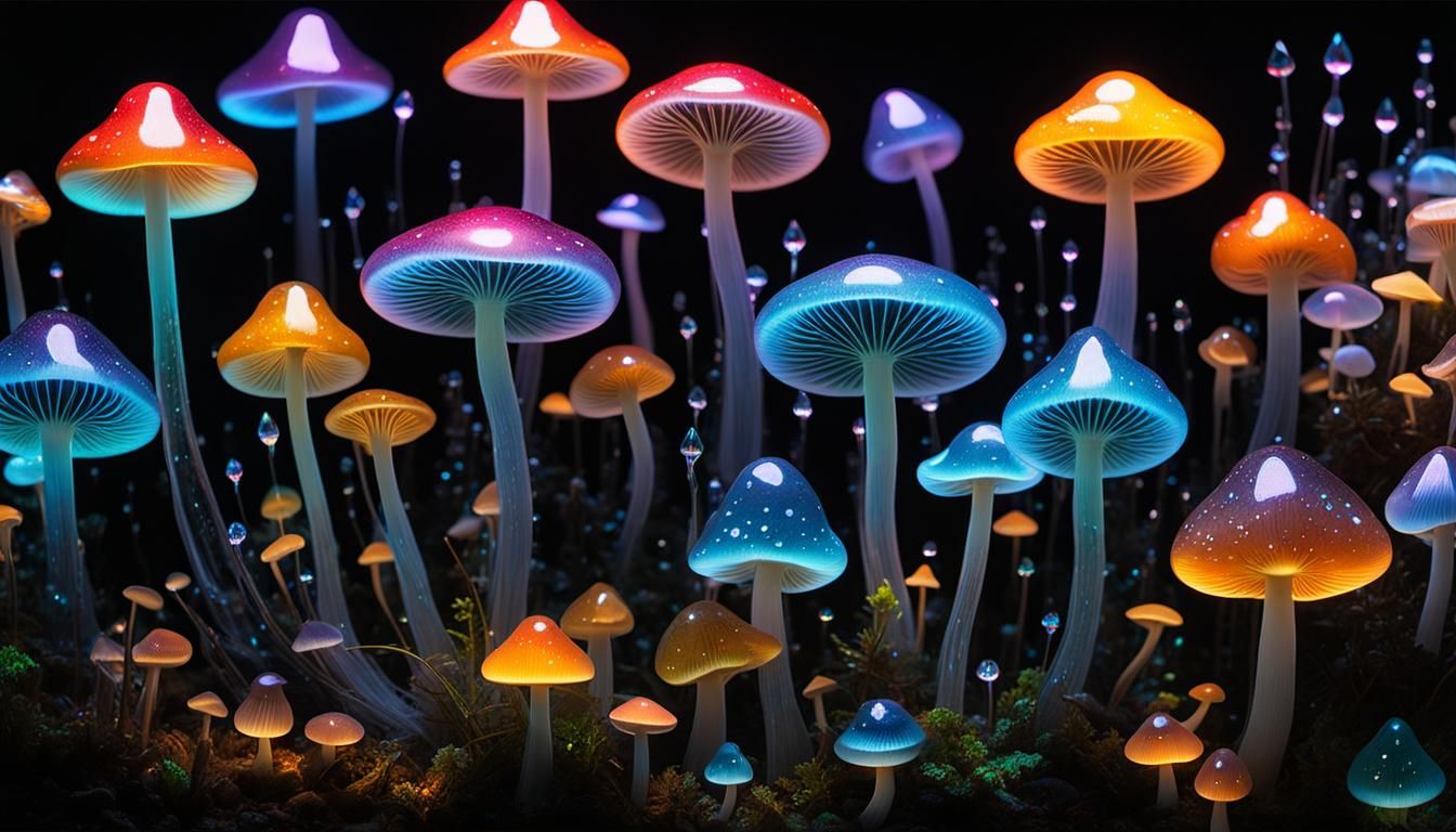 Bioluminescent Mushrooms Reflecting Water Droplets