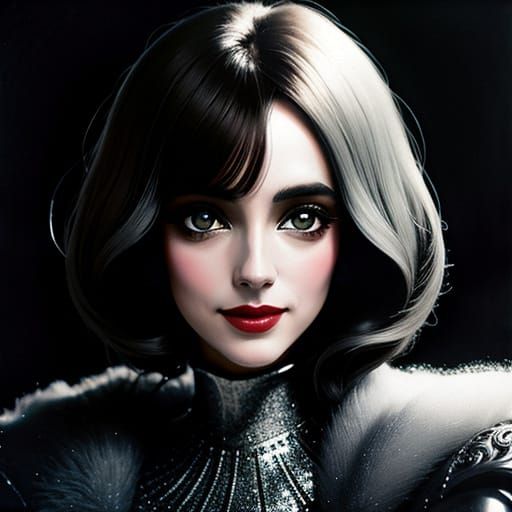 Glamorous Silver-Eyed Brunette Portrait in Digital Art Style