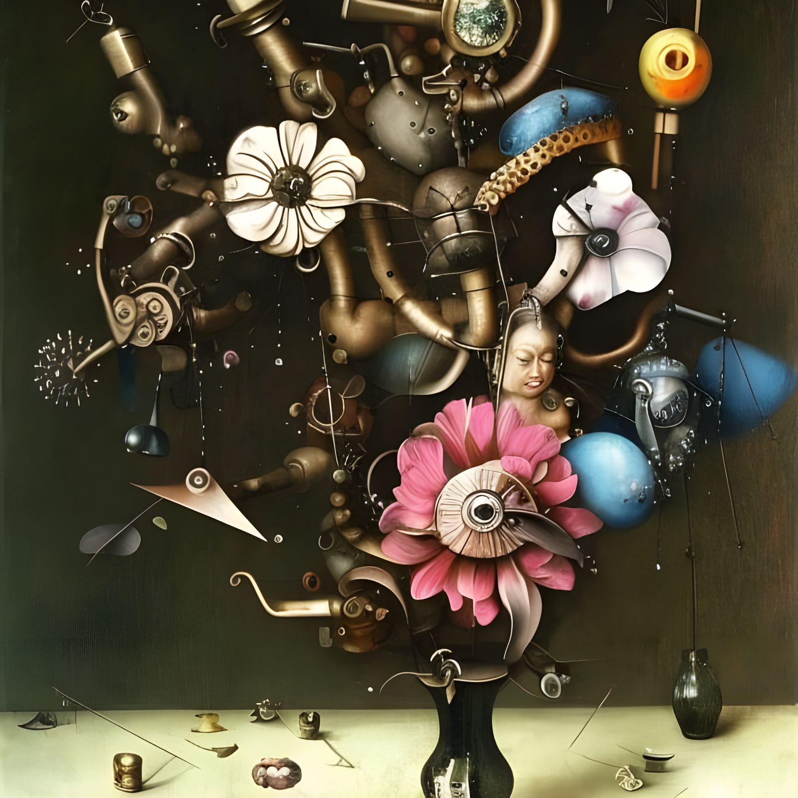 Steampunk Flowers in Crystal Vase, Surreal Still Life