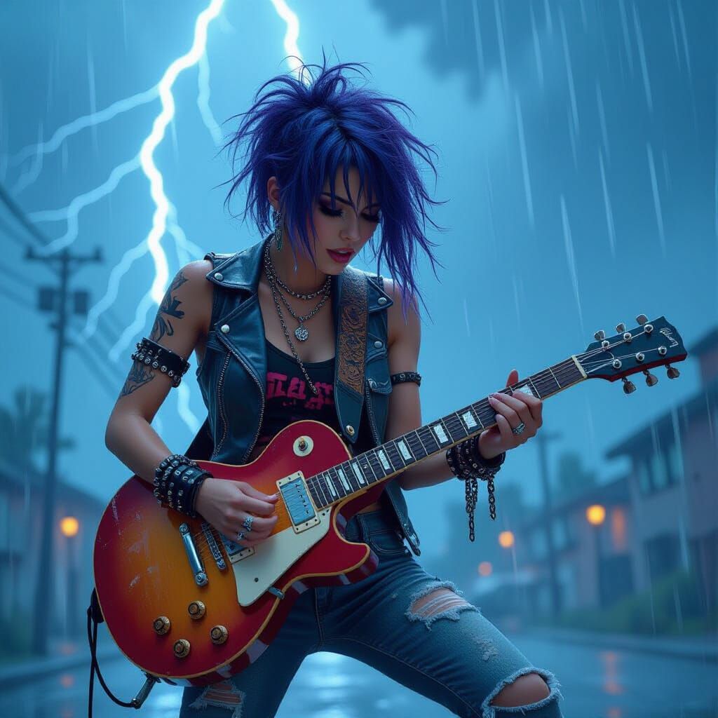 a young woman with baby Blue-purple-rose short tousled hair playing a guitar in the pouring rain. She wears a rock-punk ...