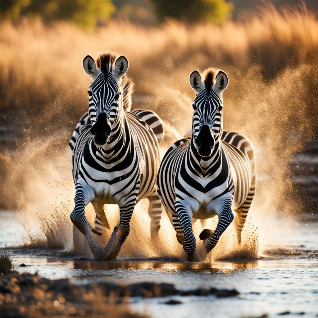 Zebras Galloping Through Savanna Stream