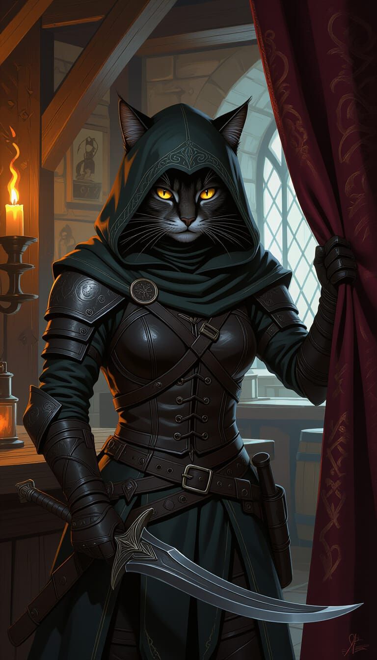 Feline Rogue Emerges in a Medieval Tavern