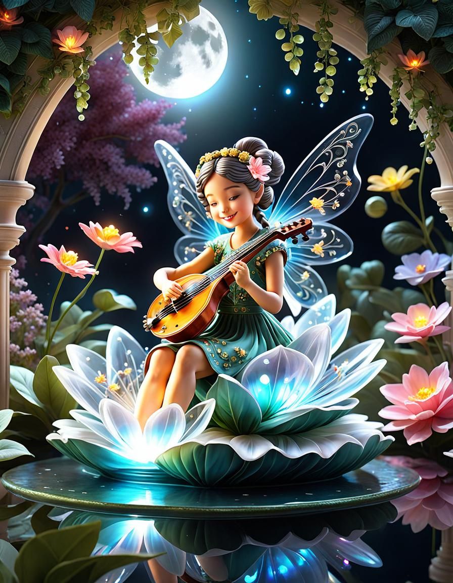 Flowers in Bloom - Fairy playing zither in moonlit