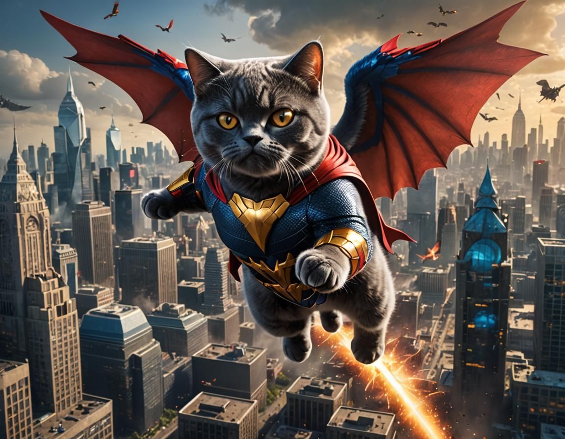 Superhero British Shorthair Cat Soaring in City Fight