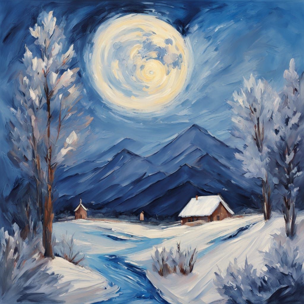 Impressionist Winter Landscape Under Full Moon